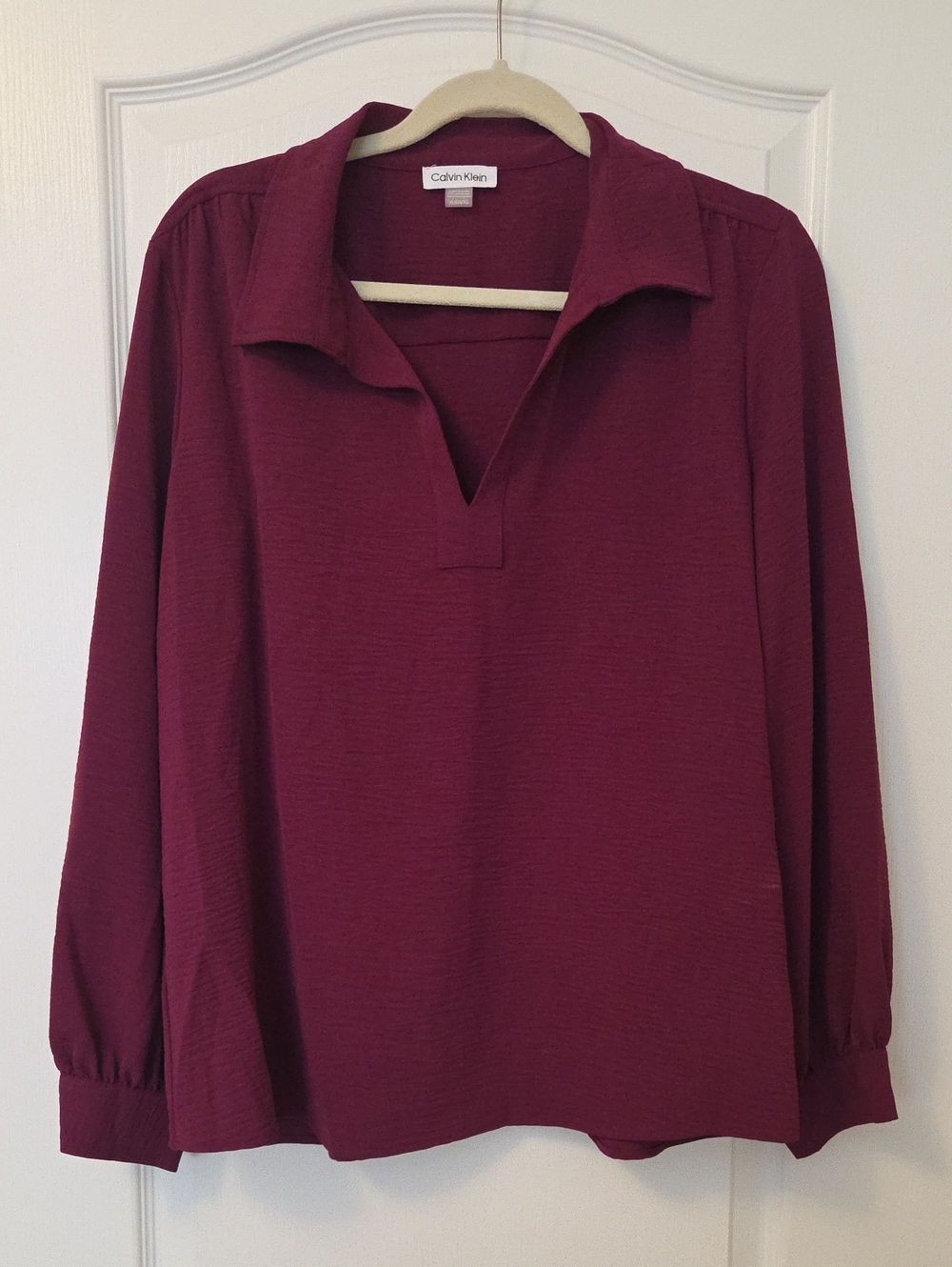 Calvin Klein Women's Wine-Red Button Down Collared Blouse